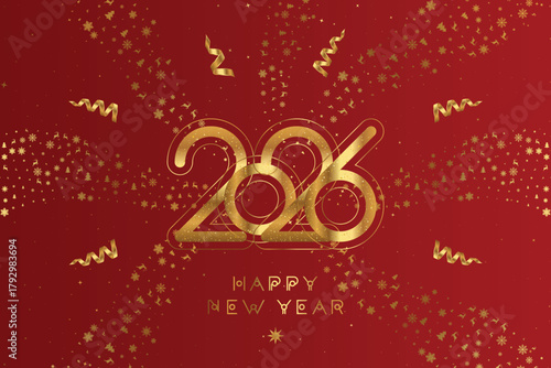 Luxury Happy New Year 2026 greeting card with golden numbers, confetti and snowflakes on red background. Elegant festive design for Christmas and New Year celebration. Flat vector illustration EPS10.