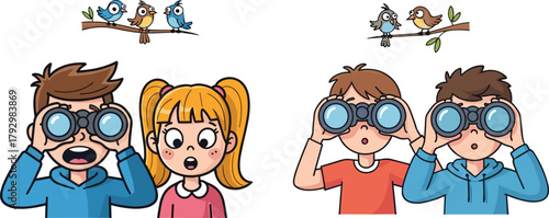 Cute kids watching birds with binoculars, cartoon boy and girl birdwatching illustration, outdoor wildlife exploration, fun nature learning scene