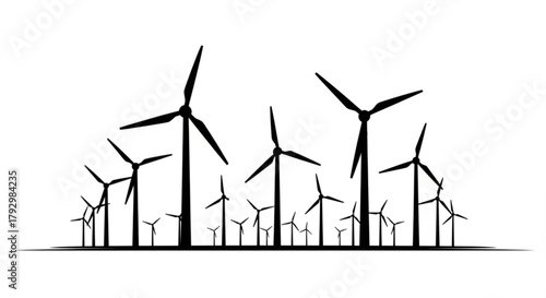 Renewable wind energy farm with turbines generating power against a green sky