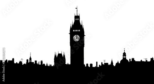 Silhouette of london cityscape featuring big ben and various buildings against a white background view