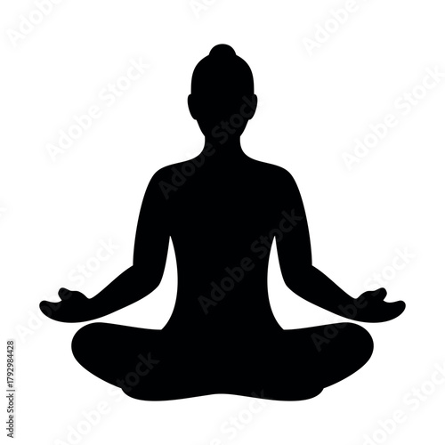 Deep black silhouette of a person meditating in lotus pose, calm vector illustration.
