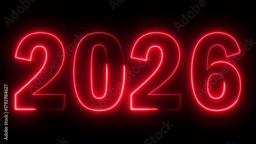 New year 2026 text icon animation glowing neon red color number anniversary template banner sign signboard holiday code digit rectangle box font letter word on black background	