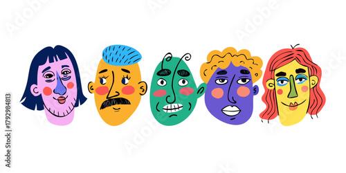 Colorful people face set. Funny portraits, modern abstract character in doodle style. Vector hand drawn illustration .VECTOR ICON