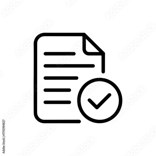 Minimalist black icon of a document with horizontal lines and a checkmark symbol indicating approval