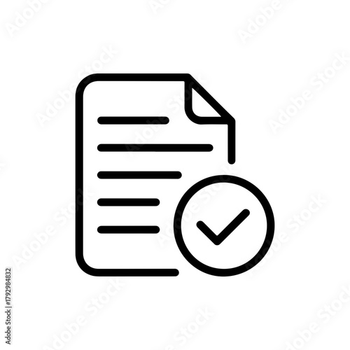 Minimalist black icon of a document with horizontal lines and a checkmark symbol indicating approval