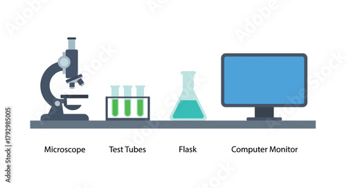 Laboratory equipment including a microscope flasks test tubes and a computer monitor