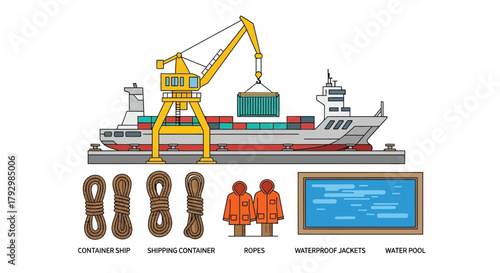 Port scene with a cargo ship crane and related maritime equipment