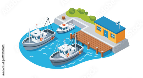 Isometric illustration of a small harbor with boats and coastal buildings