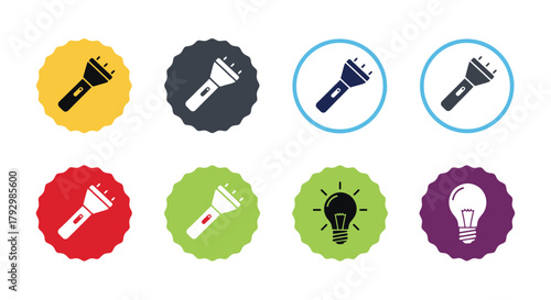 Flashlight and light bulb icons in various shapes and vibrant colors