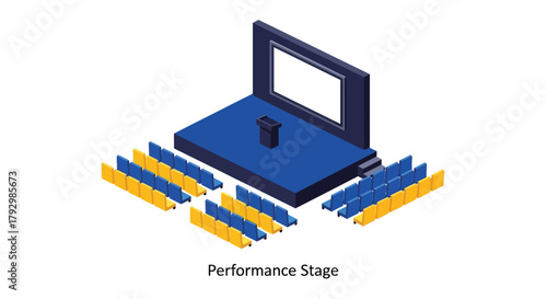 Isometric illustration of a stage with seating and a large screen display