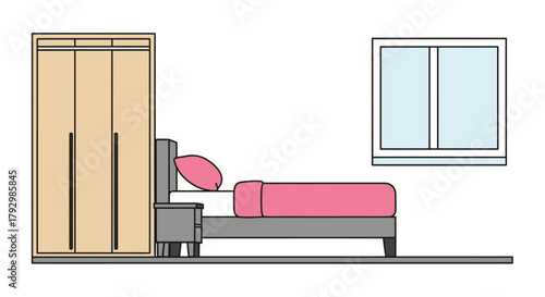 Simple bedroom interior sketch featuring a bed wardrobe and window view