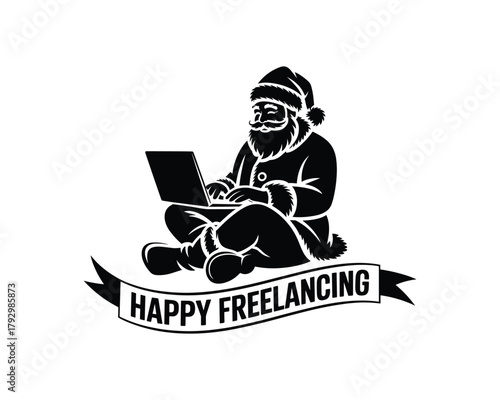 Santa Claus sitting with laptop Concept of Happy Freelancing 