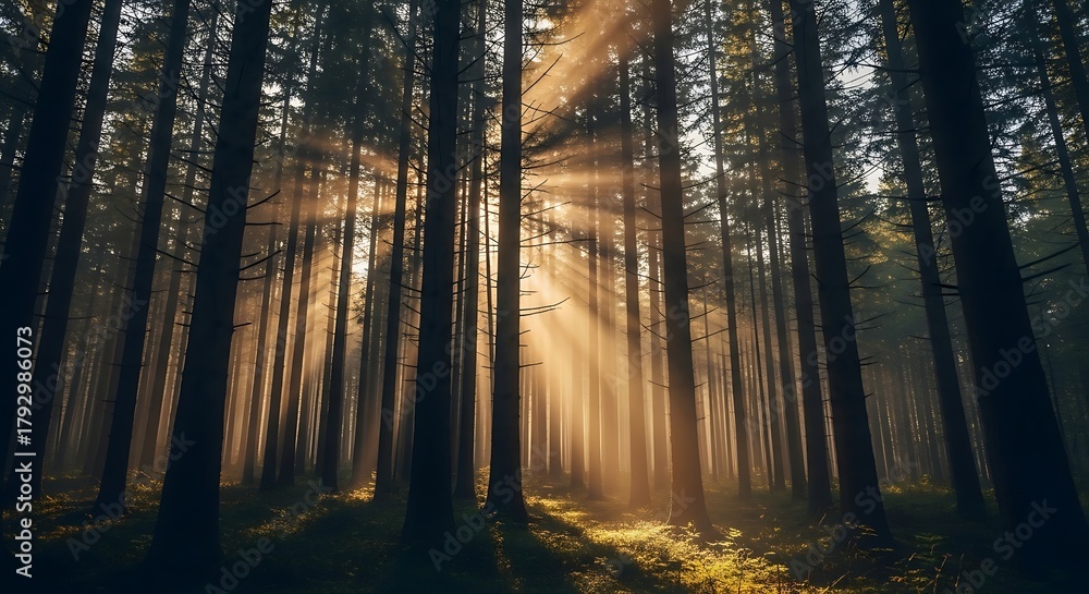 Obraz premium Sunbeams pierce through tall evergreen forest canopy
