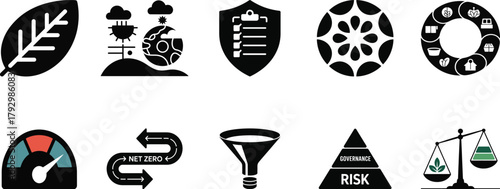 Comprehensive set of esg icons covering environmental, social, and governance aspects, sustainable business practices, net zero targets, and risk management strategies.