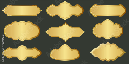 A set of gold frames in Islamic style. Elegant shapes with ornamentation, perfect for greeting cards, banners, invitations, and decoration. Suitable for design, advertising, and web projects.