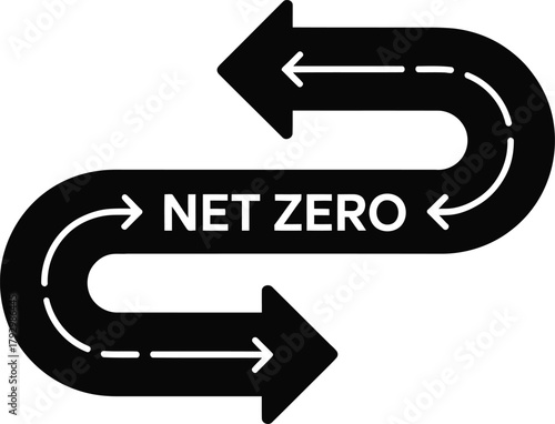 Net zero carbon emissions concept with cyclical arrows indicating environmental balance, sustainability, and a return to equilibrium for climate action.