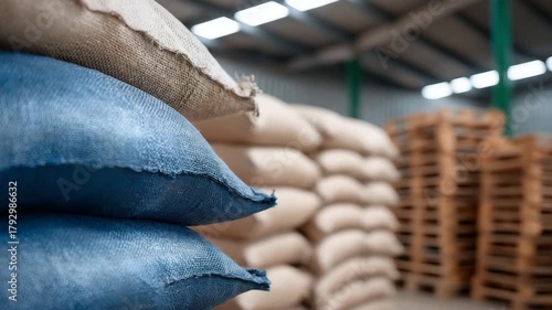 364Stacked rice bags in bulk storage warehouse, high-resolution shot showing texture, labels, and organized layout for market logistics