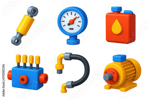 Hydraulic System Icons. 3D icon set of hydraulic system components: piston arms, pressure gauges, fluid tanks, control valves,
