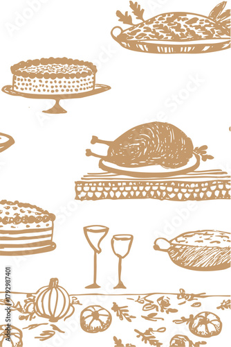 Vintage Thanksgiving feast sketch with roasted turkey, pies, vegetables and wine bottles in hand drawn style
