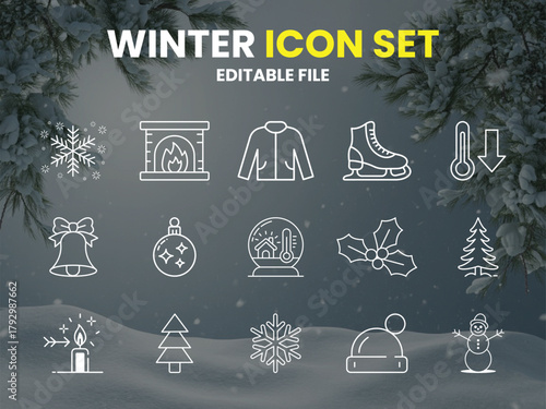 Outline winter and holiday icons, cold-weather vector symbols