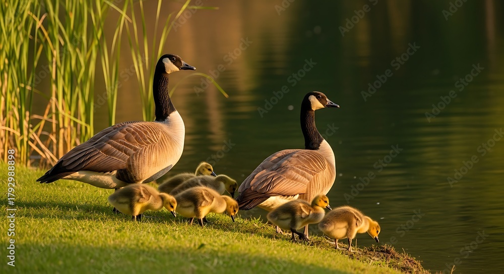 Obraz premium Canada Geese Family by the Lake - A Peaceful Wildlife Scene.