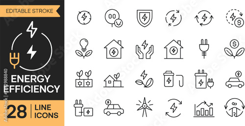 Energy efficiency line icons set, renewable energy outline symbols, eco power conservation pack, sustainable electricity vector, editable stroke, minimal design