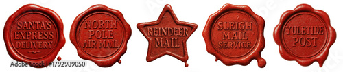 Set of red wax seals for Santa mail featuring North Pole air mail, sleigh service, reindeer delivery and yuletide post