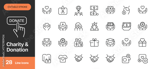 Charity and donation line icons set, editable stroke, helping hands with hearts, money giving, volunteer support, nonprofit aid, fundraising, kindness, vector illustration