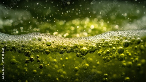  Close-up of Bubbling, Fizzy Green Liquid with Intricate Bubble Formations, Dark Background, Scientific Macro View.