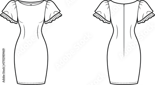 Elegant women’s fitted dress technical flat sketch, short ruffle puff sleeves, back zipper, fashion design template, bodycon silhouette apparel illustration