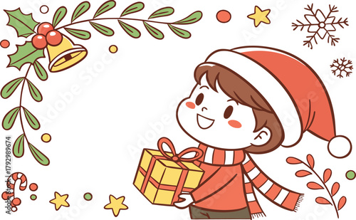 Cartoon illustration of a little girl with a Christmas gift box celebrating the winter holiday