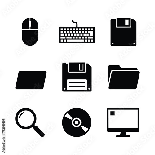Collection of black and white computer icons representing essential digital tools and data storage