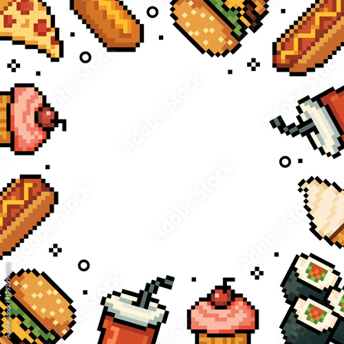 Pixel art frame of various fast food items burgers, hot dogs, pizza, sushi, soda, cupcakes, and corn dogs with empty center, for menu templates, digital invites, game UI, posters, web banner. Vector