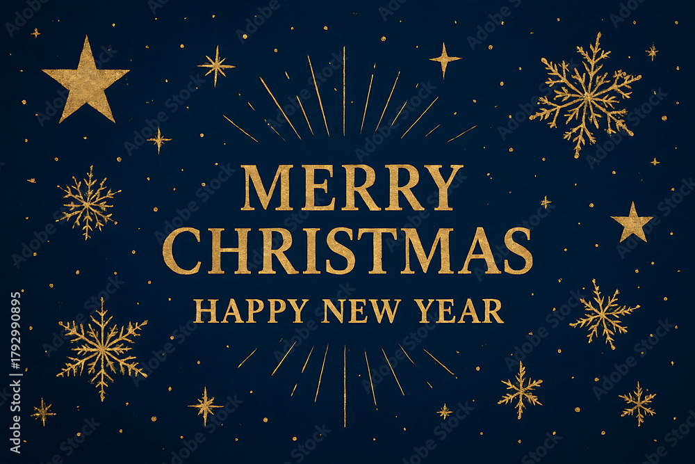 Naklejka premium Elegant Merry Christmas and Happy New Year greeting card banner design with luxury gold text, stars, and winter snowflakes on a dark blue background. Festive holiday season invitation, wallpaper