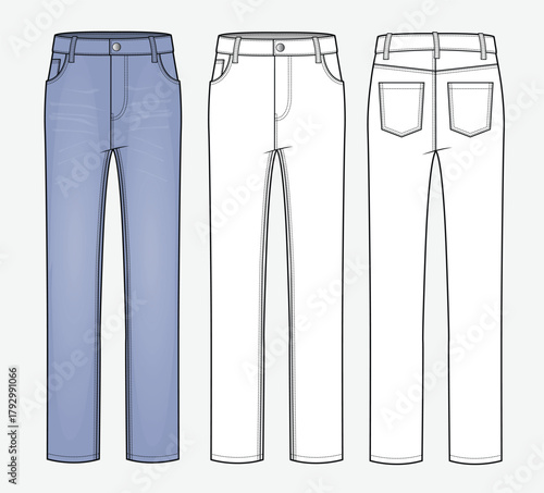 Slim fit jeans pant front and back view design technical flat sketch vector mockup template.