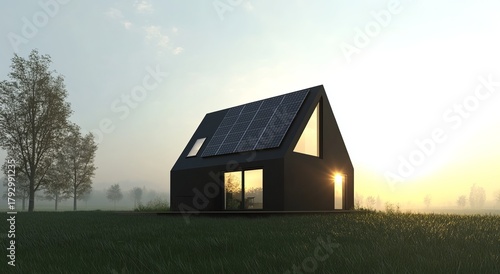 Modern black house with solar panels at sunrise, surrounded by green fields.