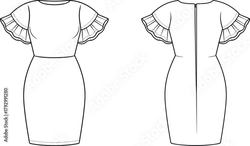 Elegant women’s fitted dress fashion flat sketch, ruffle sleeve pencil dress design, technical drawing, apparel CAD illustration for designers and pattern makers