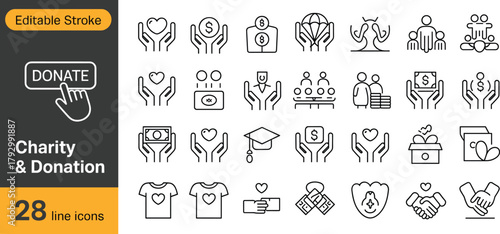 Charity and donation line icons set, editable stroke, helping hands with hearts, fundraising, volunteer support, nonprofit aid, kindness, giving, vector illustration