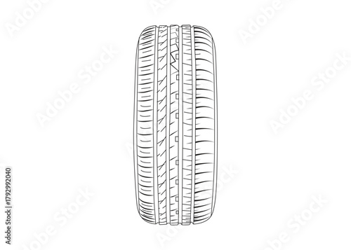 Car tire line art illustration with tread and rim detail isolated on white background.
black and white car tire vector line art outline graphic, detailed line art, minimalist tire icon,
