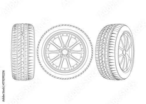 Car tire line art illustration with tread and rim detail isolated on white background.
black and white car tire vector line art outline graphic, detailed line art, minimalist tire icon,