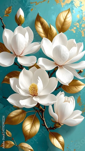Artistic magnolia floral painting on teal background high resolution picture