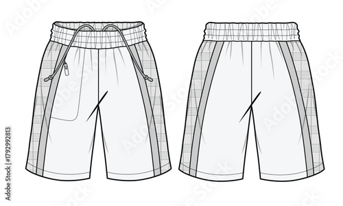 Womens beach shorts front and back view technical illustration vector mockup template.