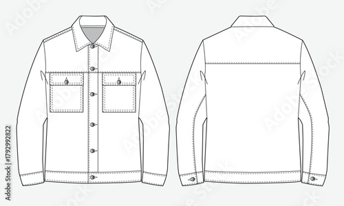Oversized denim jacket front and back view mockup template vector design technical illustration.
