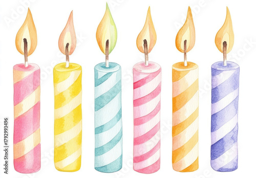 watercolor birthday candles clip art, isolated on a trasnparent background, 