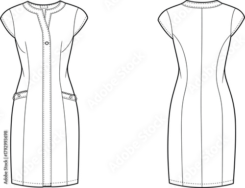 Elegant women’s short-sleeve sheath dress fashion flat sketch, front and back technical drawing, minimalist dress design template for apparel designers and pattern makers, vector outline