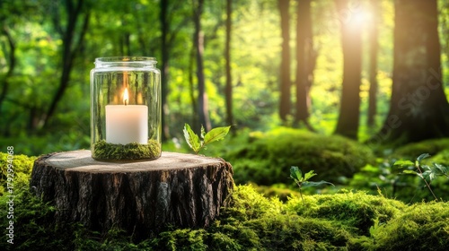 A glass jar candleholder sits on a tree stump amidst a lush forest floor.