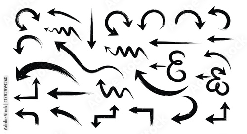 Grunge brush arrow collection. Bold hand-drawn arrows in artistic ink stroke style. Rough textured vector elements for design, direction, and decoration
