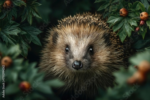 Adorable Hedgehog Nestled Among Green Leaves and Orange Berries