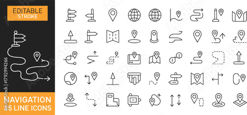 Navigation line icons set, editable stroke, GPS location pins, map and route symbols, direction arrows, globe, destination marker, travel guide, vector illustration