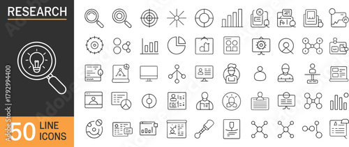 Modern research line icons set, editable stroke, analytics and data visualization symbols, magnifying glass, charts, graphs, user profiles, dashboard, vector illustration